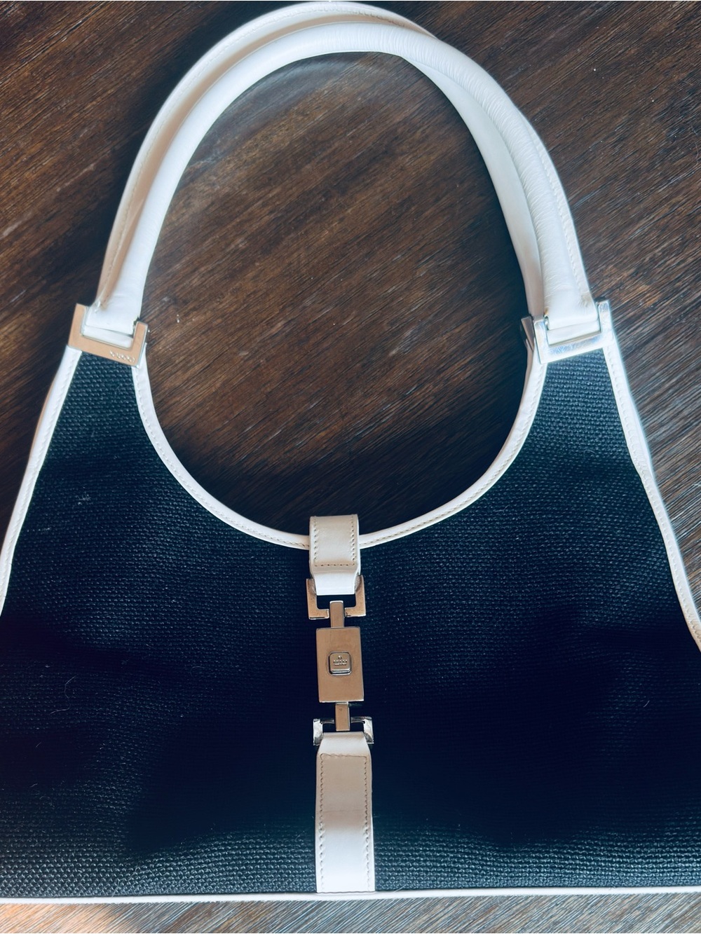 Gucci Black Shoulder Bag with White Trim and Gold Hardware
